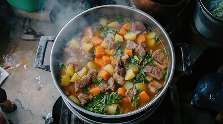 An overhead view of a traditional meat stew simmering in a pot, with chunks of beef, carrots, potatoes, and herbs, ready to be served in a cozy kitchen setting.の素材