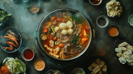 An overhead view of a hot pot with an assortment of meat, seafood, and vegetables cooking in a flavorful broth, surrounded by small bowls of dipping sauces.の素材