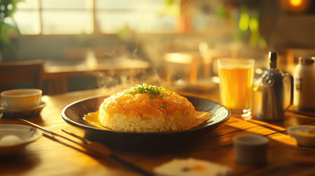 An artistic image of omurice being enjoyed at a cozy diner, with the dish placed on a wooden table surrounded by casual dining elements and soft lighting.の素材