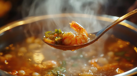A close-up of a spoonful of  being lifted from a bowl, showcasing the rich broth, shrimp, and aromatic herbs, with the soup's steam gently rising.の素材