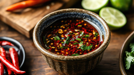A close-up of a chili dipping sauce made with fish sauce, lime, and chopped chilies in a small ceramic bowl, placed on a wooden table with other Thai condiments.の素材
