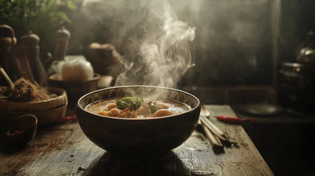 An artistic shot of a steaming bowl of  placed on a rustic wooden table, with a background of Thai kitchen utensils and ingredients for a cozy, authentic feel.の素材