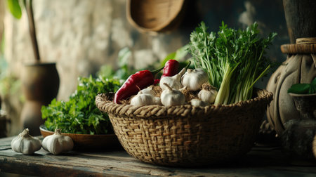A charming scene of a traditional Thai kitchen with a basket full of fresh , alongside other ingredients like garlic and herbs, emphasizing an authentic cooking environment.の素材