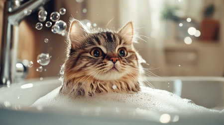 An artistic shot of a fluffy cat with its fur slicked back, sitting in a sink full of warm water, with soap bubbles and a playful expression on its face.の素材