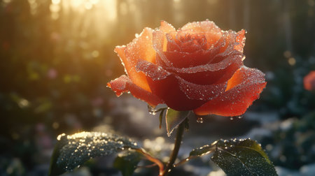 A close-up of a single red rose covered in delicate water droplets, with the petals glistening under soft sunlight, creating a romantic and fresh atmosphere.の素材