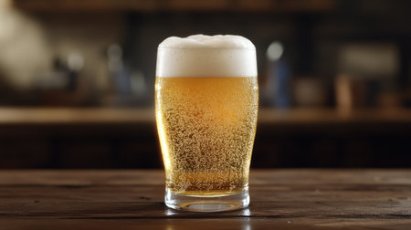 A close-up of a frothy glass of beer with bubbles rising, set against a rustic wooden table, with a focus on the golden color and rich foam.の素材