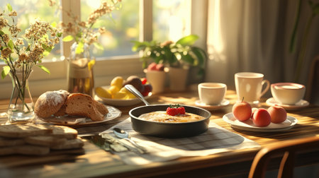 A charming breakfast table scene with a small pan of , served alongside fresh bread, fruit, and coffee, creating a cozy and inviting morning setting.の素材