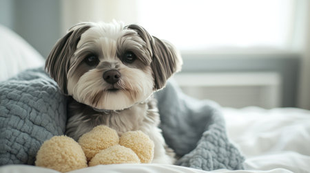 A close-up of a small dog with a sweet face, sitting on a bed with its favorite toy, showcasing its gentle and loving nature in a calm, domestic setting.の素材