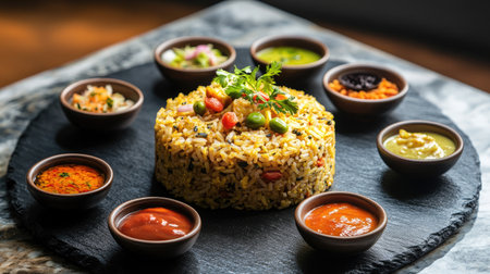 An artistic presentation of curry fried rice on a slate platter, surrounded by small bowls of accompanying sauces and condiments, perfect for a gourmet touch.の素材