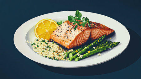 An elegant presentation of a salmon dinner with a side of quinoa, roasted asparagus, and a light citrus sauce, served on a sophisticated dining plate.の素材