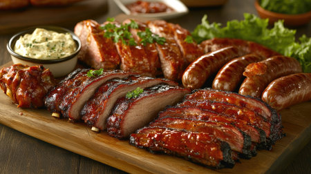 A close-up of a meat lover's platter with an assortment of cooked meats, including beef brisket, grilled sausages, and barbecued ribs, arranged on a wooden board.の素材