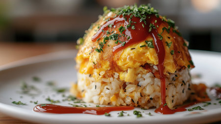 A close-up of a perfectly cooked omurice with a fluffy omelet draped over savory fried rice, garnished with ketchup and fresh herbs on a white plate.の素材