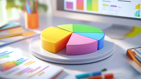 A close-up of a D pie chart on a computer screen, showcasing different colored segments with clear labels, surrounded by office supplies and data reports.の素材