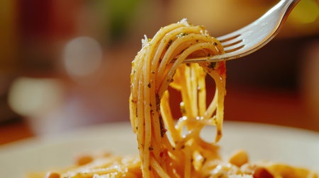A close-up of a fork twirling spaghetti noodles coated in a rich pesto sauce, with a sprinkle of pine nuts and Parmesan cheese, set against a wooden table.の素材