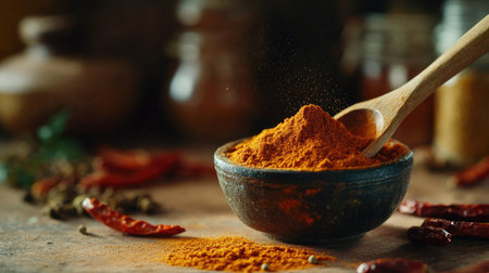 A close-up of a small bowl of vibrant red chili powder, with a wooden spoon sprinkled over it, placed on a rustic kitchen counter with spices and herbs.の素材