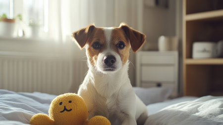A close-up of a small dog with a sweet face, sitting on a bed with its favorite toy, showcasing its gentle and loving nature in a calm, domestic setting.の素材