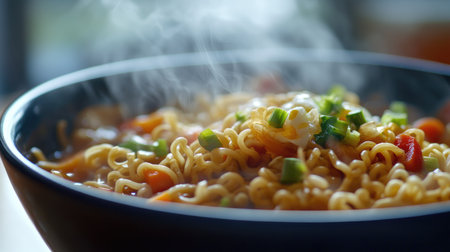 A close-up of a steaming bowl of instant noodles with broth, garnished with chopped vegetables and a soft-boiled egg, ready to be enjoyed.の素材