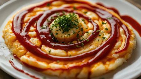 A charming image of a plate of omurice decorated with artistic swirls of ketchup and fresh parsley, making it visually appealing for a gourmet presentation.の素材