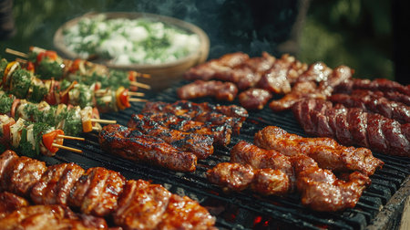 A dynamic image of a barbecue spread featuring various marinated meats, including chicken wings, beef kebabs, and pork ribs, ready for grilling.の素材