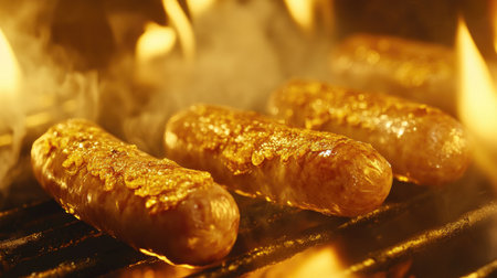 A close-up of sizzling sausages on a grill, with golden-brown crispy skins and juicy interiors, surrounded by grill marks and smoke.の素材