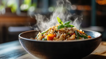 A close-up shot of steaming curry fried rice served in a bowl, showcasing the mix of colorful ingredients and aromatic spices in a cozy dining setting.の素材