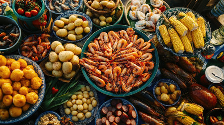 A high-quality image of a seafood boil with shrimp, corn, potatoes, and sausage, all seasoned and served in a large, colorful spread on a table.の素材