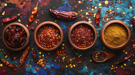 A colorful composition of dried chilies, chili flakes, and chili powder in wooden bowls, surrounded by other spices and seasoning ingredients.の素材