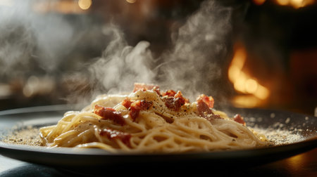 A dynamic shot of a steaming plate of spaghetti carbonara, with crispy pancetta, creamy sauce, and a generous amount of black pepper, served in a rustic setting.の素材