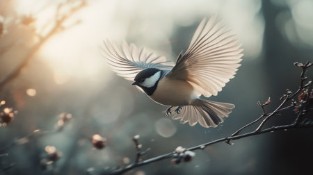A dynamic scene of a bird taking off from a branch, with its wings fully extended and a blurred background to emphasize the speed and motion of its flight.の素材