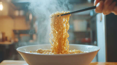 A dynamic shot of a person enjoying a bowl of instant noodles with chopsticks, with a focus on the noodles being lifted from the bowl and a background of kitchen setting.の素材