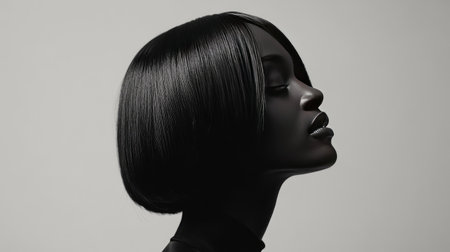 A dynamic image of a woman with a chic bob haircut, styled with straight edges and a side part, capturing a sleek and contemporary look.の素材
