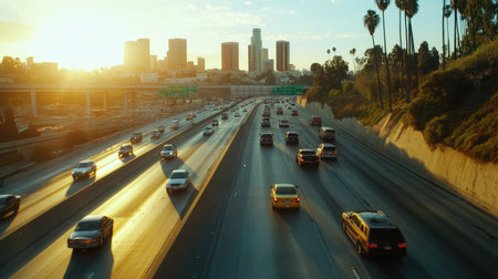 A dynamic image of cars speeding on an expressway during the day, with clear blue skies and sun rays casting long shadows on the road.の素材