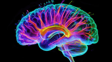 A dynamic shot of a brain illustration with neon-like highlights, representing different functional areas such as memory, emotion, and cognition.の素材