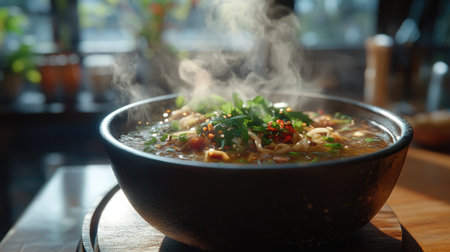 A dynamic scene of a steaming bowl of  being served at a Thai restaurant, with the flavorful soup steaming and garnished with fresh herbs and spices.の素材