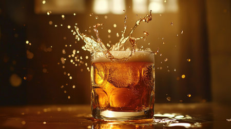 A high-quality image of a beer glass with a splash of beer being poured, creating dynamic movement and emphasizing the refreshing quality of the drink.の素材