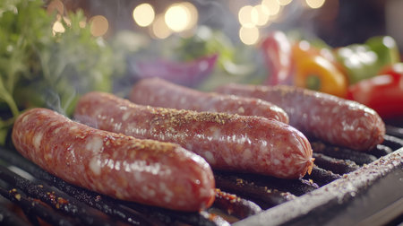A detailed view of sausages being prepared for a barbecue, with close-up shots of the raw links, seasoning, and a background of fresh vegetables.の素材