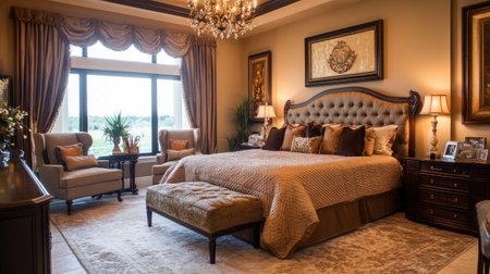 A luxurious bedroom with a plush king-size bed, silky linens, and a stylish chandelier hanging above, complemented by a chic sitting area and elegant furnishings.の素材
