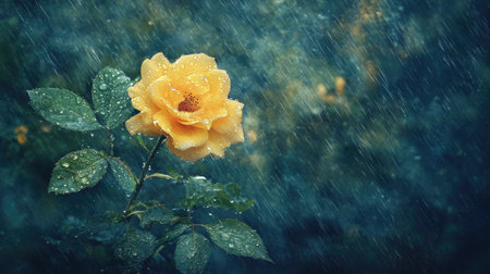 A soft-focus image of a yellow rose in the rain, with water droplets collecting on the petals and leaves, creating a fresh and serene feeling.の素材