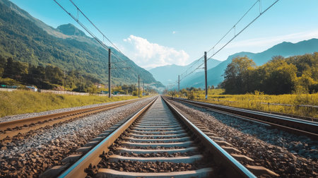 A shot of the high-speed train's tracks stretching into the distance, framed by scenic mountains and clear skies, symbolizing modern travel.の素材