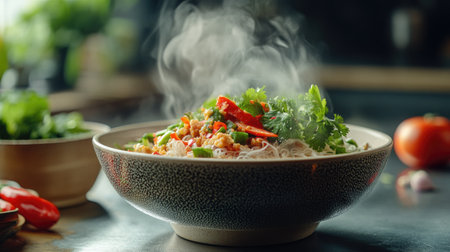 A high-quality image of a steaming bowl of  with a side of spicy Thai chili paste and fresh vegetables, emphasizing the simplicity and taste of the dish.の素材