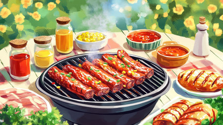 A vibrant outdoor barbecue scene with pork ribs sizzling on the grill, surrounded by a variety of sauces and side dishes, capturing the essence of a summer cookout.の素材