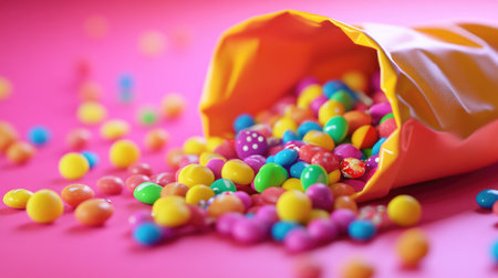 A playful scene of a colorful assortment of  spilling out of an open candy bag, with some candies still inside and others scattered around.の素材