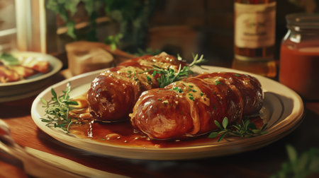 A high-resolution image of a plate of cooked sausages with a focus on their juicy, plump texture and a garnish of fresh herbs and condiments.の素材