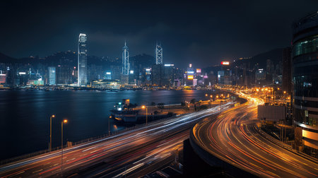 A wide-angle view of a bustling expressway at night, with illuminated streetlights and traffic flowing smoothly, showcasing the city's vibrant nightlife.の素材