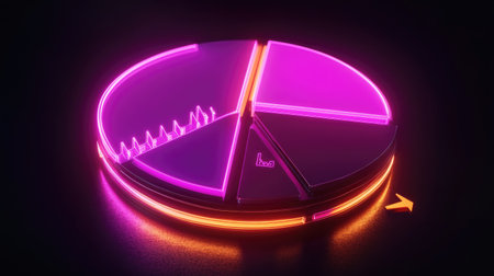 An animated D pie chart with arrows and data labels, representing revenue breakdown across various sectors in a financial report, glowing with neon effects.の素材