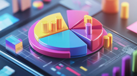 A D pie chart with colorful sections rising from a tablet screen, symbolizing financial statistics and market shares, surrounded by business-related graphics.の素材