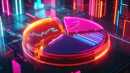 An animated D pie chart with arrows and data labels, representing revenue breakdown across various sectors in a financial report, glowing with neon effects.の素材