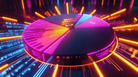 An animated D pie chart with arrows and data labels, representing revenue breakdown across various sectors in a financial report, glowing with neon effects.の素材
