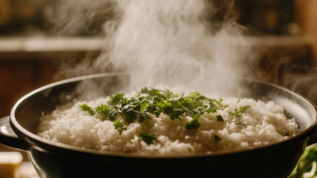 A close-up of a bowl of freshly steamed rice, with steam rising and a sprinkle of chopped cilantro, capturing the inviting aroma and texture.の素材