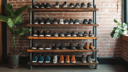 An industrial-style shoe rack made of metal and wood, holding an eclectic assortment of shoes, set in a trendy loft space with exposed brick walls.の素材